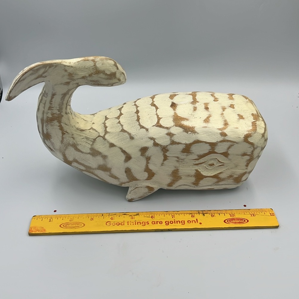 Real Wood hand carved Whale cream/white nautical ocean NEW Noah - Picture 5 of 7